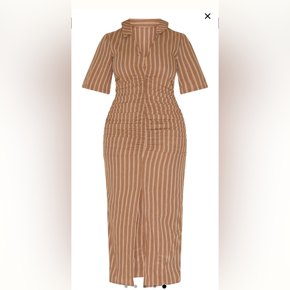 PrettyLittleThing Brown Striped Ruched Front Collared Split Front Maxi Dress - Picture 5 of 8